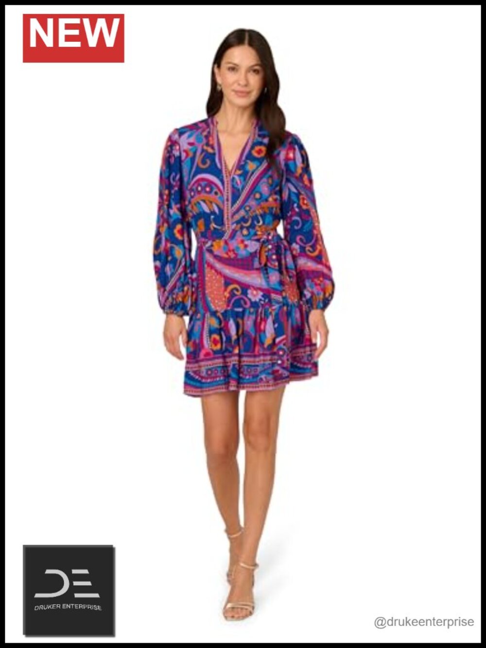 Adrianna Papell Printed Short Dress Long Sleeve V-Neck Cocktail Party